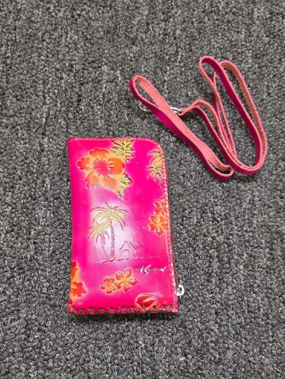 Source Unknown Hot Pink Floral Wristlet Leather Hawaii with Detachable Strap